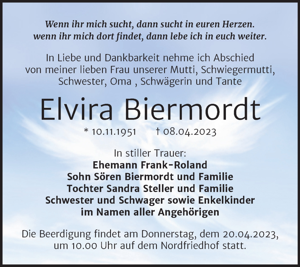  Traueranzeige für Elvira Biermordt vom 19.04.2023 aus Mitteldeutsche Zeitung
