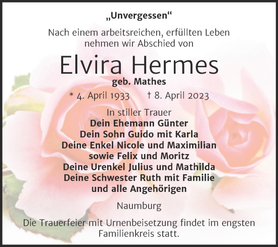 Traueranzeige von Elvira Hermes von Wochenspiegel Naumburg/Nebra