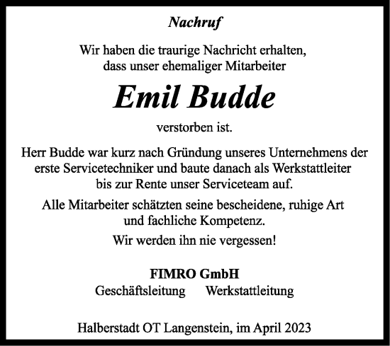 Traueranzeige von Emil Budde von Volksstimme Wernigerode