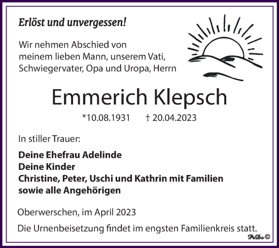 Traueranzeige von Emmerich Klepsch von Trauerkombi Weißenfels