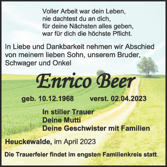Traueranzeige von Enrico Beer von Super Sonntag Zeitz