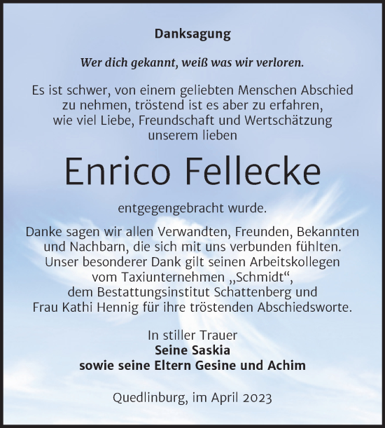 Traueranzeige von Enrico Fellecke von Trauerkombi Quedlinburg