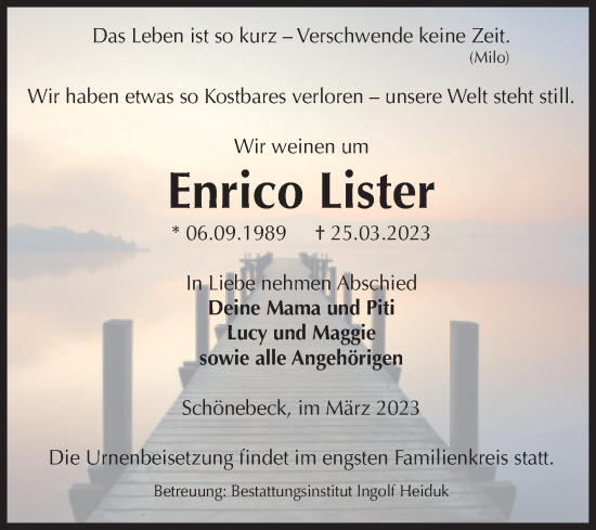 Traueranzeige von Enrico Lister von Volksstimme Schönebeck