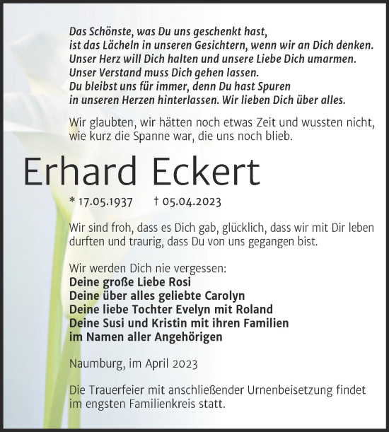 Traueranzeige von Erhard Eckert von Naumburger Tageblatt