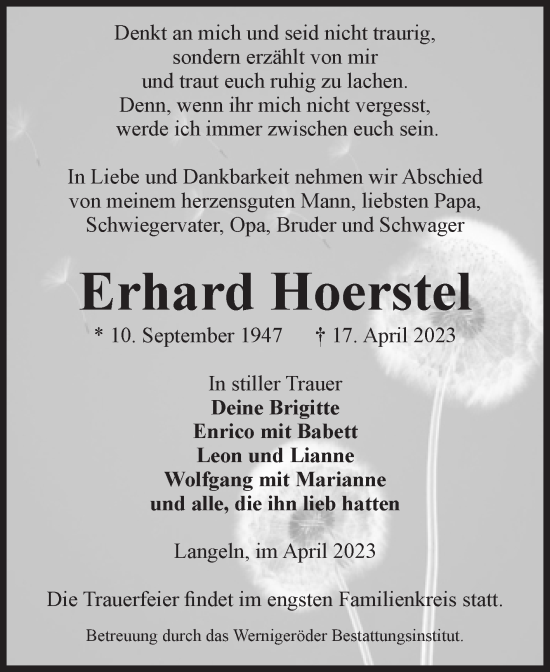 Traueranzeige von Erhard Hoerstel von Volksstimme Wernigerode