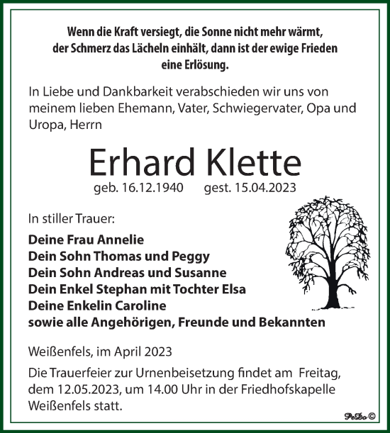 Traueranzeige von Erhard Klette von Trauerkombi Weißenfels