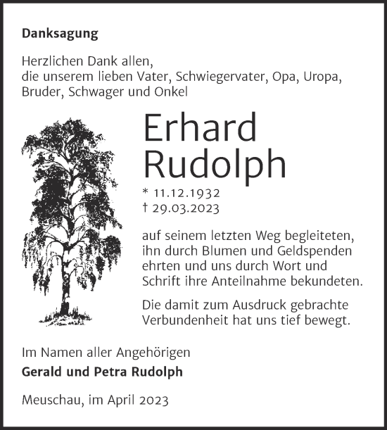 Traueranzeige von Erhard Rudolph von Trauerkombi Merseburg