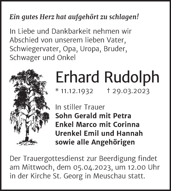 Traueranzeige von Erhard Rudolph von Trauerkombi Merseburg