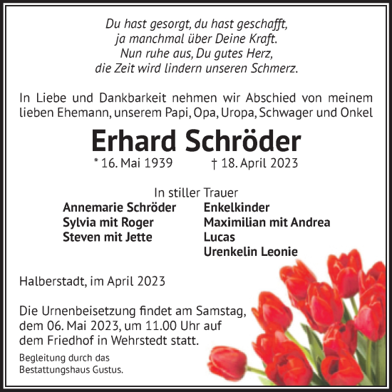 Traueranzeige von Erhard Schröder von Volksstimme Halberstadt