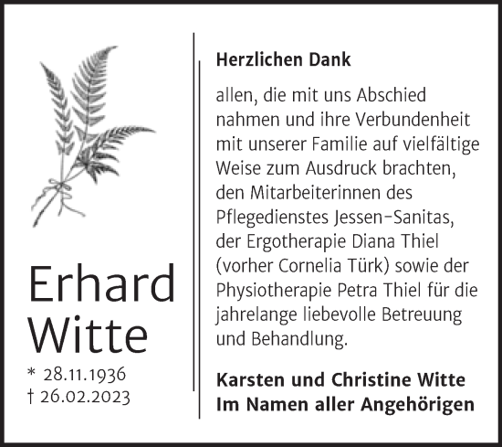 Traueranzeige von Erhard Witte von Trauerkombi Wittenberg