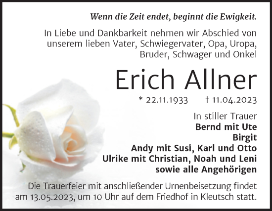 Traueranzeige von Erich Allner von Trauerkombi Dessau