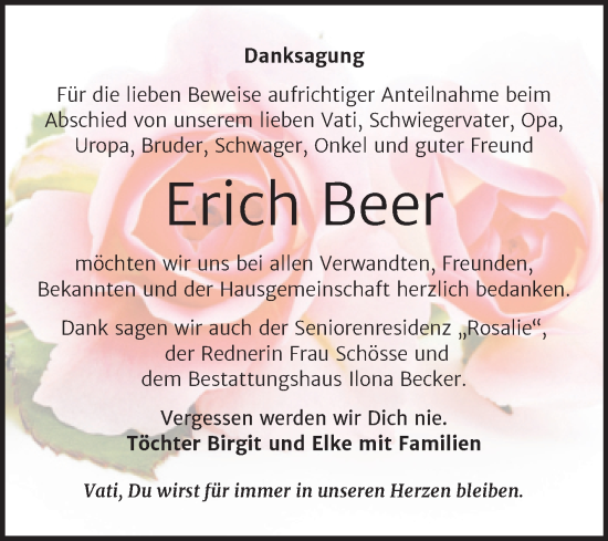 Traueranzeige von Erich Beer von Trauerkombi Sangerhausen