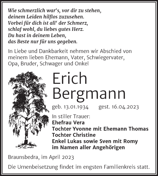 Traueranzeige von Erich Bergmann von Trauerkombi Merseburg