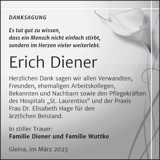 Traueranzeige von Erich Diener von Wochenspiegel Naumburg/Nebra