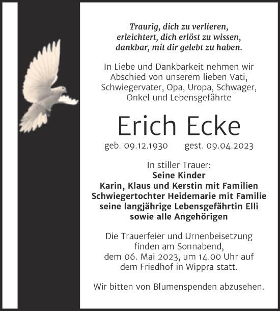 Traueranzeige von Erich Ecke von Trauerkombi Sangerhausen