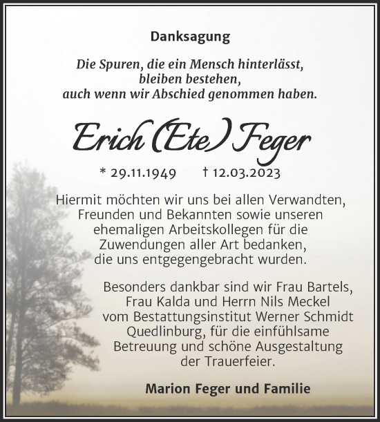 Traueranzeige von Erich Feger von Trauerkombi Quedlinburg