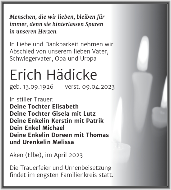 Traueranzeige von Erich Hädicke von Trauerkombi Köthen