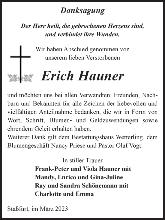 Traueranzeige von Erich Hauner von Volksstimme Staßfurt