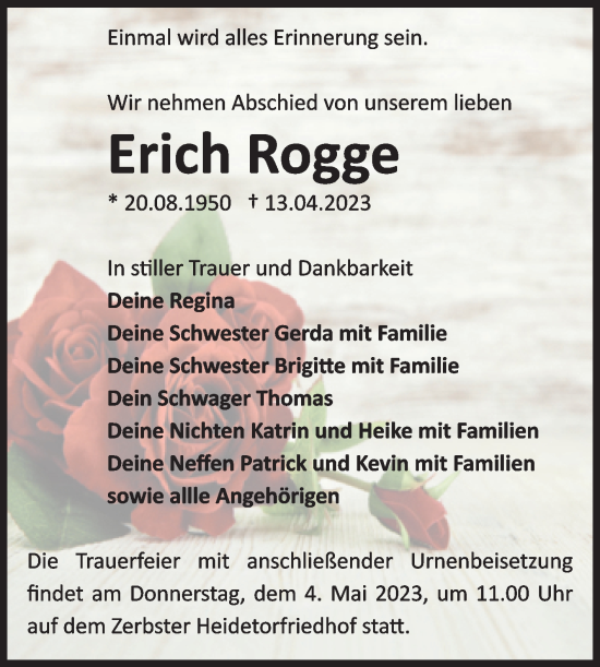 Traueranzeige von Erich Rogge von Volksstimme Zerbst