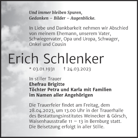 Traueranzeige von Erich Schlenker von Trauerkombi Bernburg