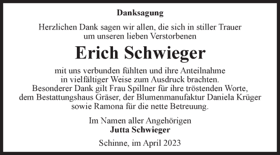 Traueranzeige von Erich Schwieger von Volksstimme Altmark Ost