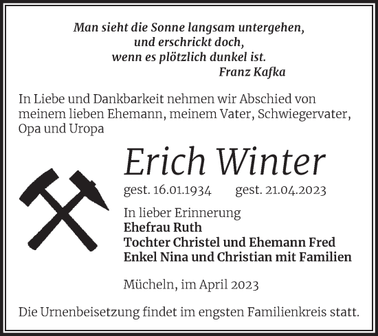 Traueranzeige von Erich Winter von Trauerkombi Merseburg