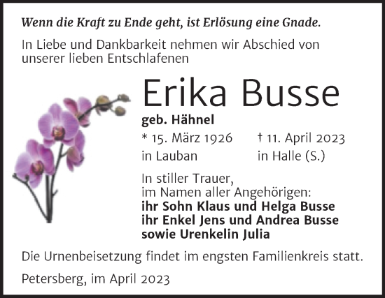 Traueranzeige von Erika Busse von Mitteldeutsche Zeitung Halle/Saalkreis