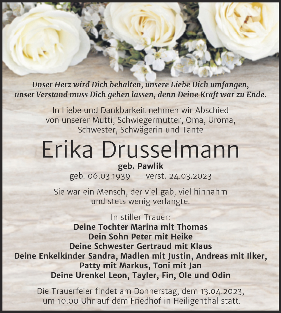  Traueranzeige für Erika Drusselmann vom 05.04.2023 aus Trauerkombi Mansfelder Land