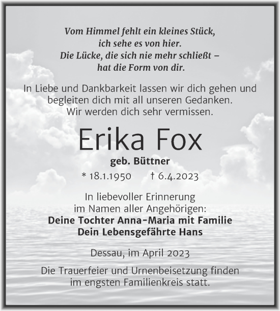 Traueranzeige von Erika Fox von Trauerkombi Dessau