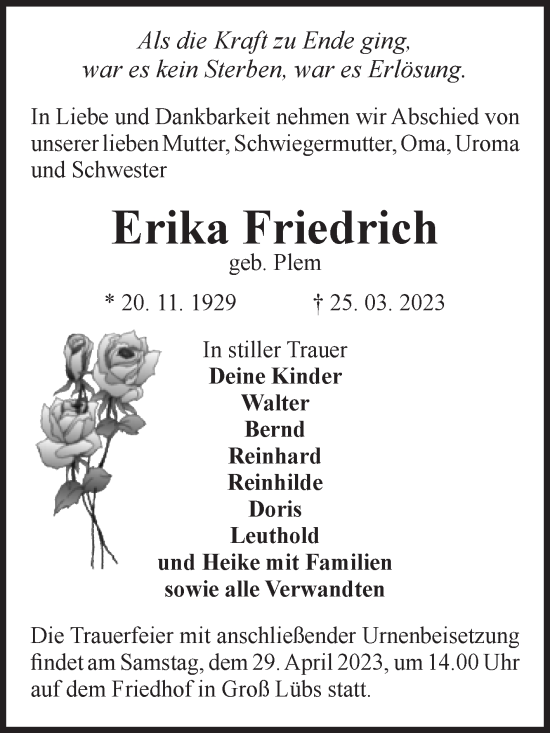 Traueranzeige von Erika Friedrich von Volksstimme Zerbst