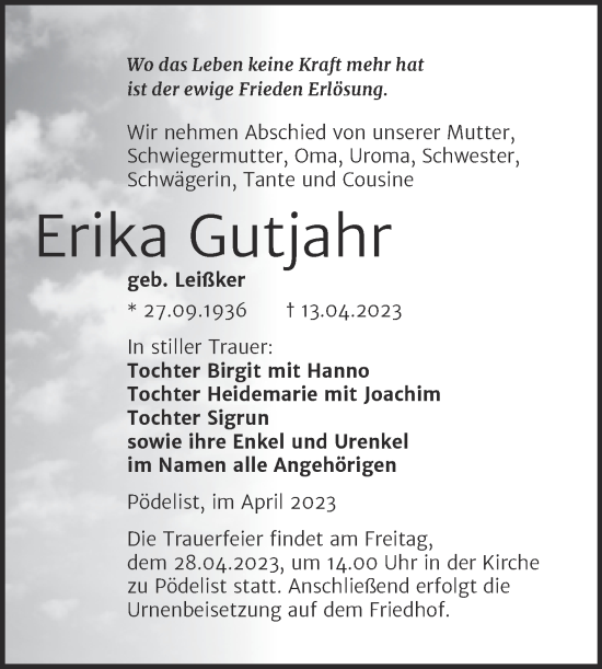 Traueranzeige von Erika Gutjahr von Wochenspiegel Naumburg/Nebra
