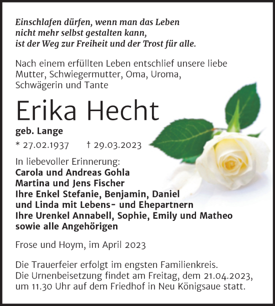 Traueranzeige von Erika Hecht von Trauerkombi Aschersleben