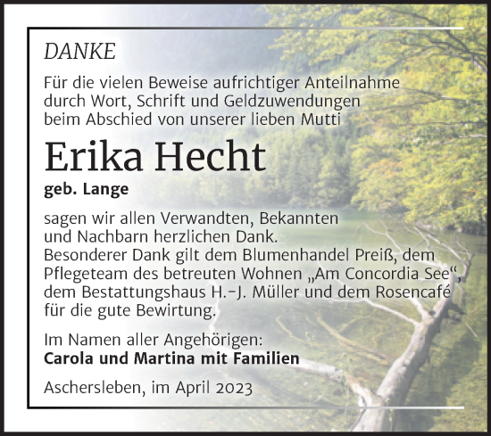 Traueranzeige von Erika Hecht von Trauerkombi Aschersleben