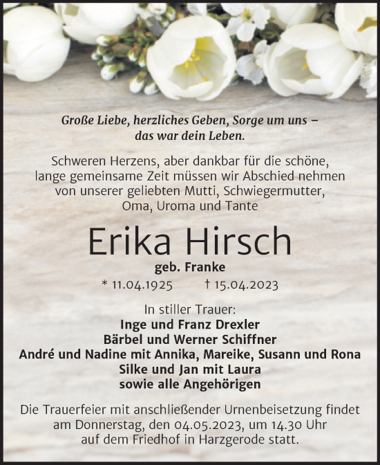 Traueranzeige von Erika Hirsch von Trauerkombi Quedlinburg