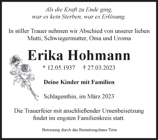 Traueranzeige von Erika Hohmann von Volksstimme Burg/Genthin