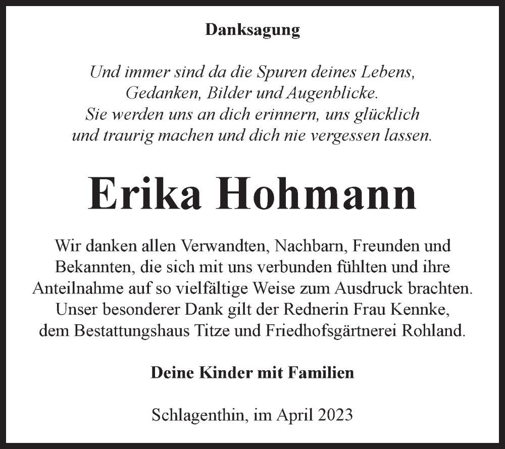  Traueranzeige für Erika Hohmann vom 29.04.2023 aus Volksstimme Burg/Genthin