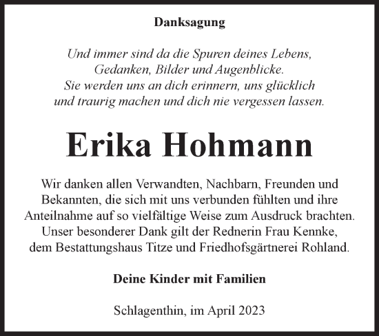 Traueranzeige von Erika Hohmann von Volksstimme Burg/Genthin