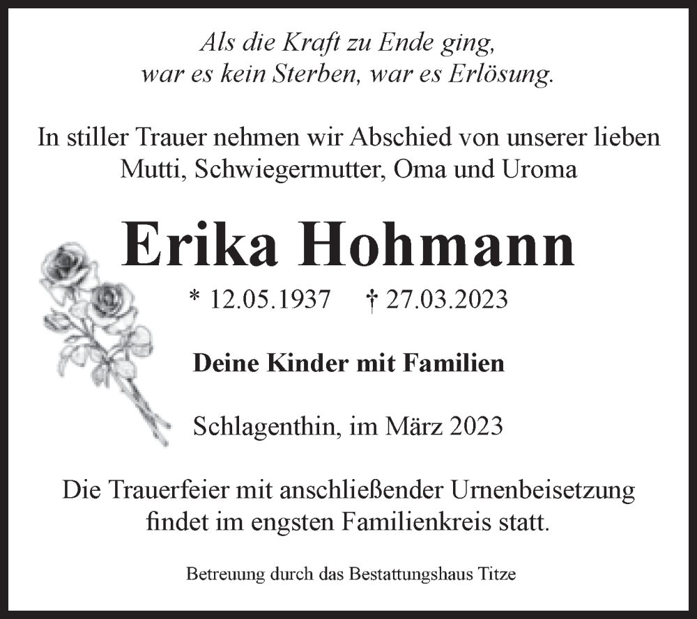  Traueranzeige für Erika Hohmann vom 01.04.2023 aus Volksstimme Burg/Genthin