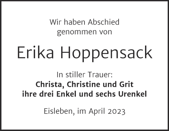 Traueranzeige von Erika Hoppensack von Trauerkombi Mansfelder Land