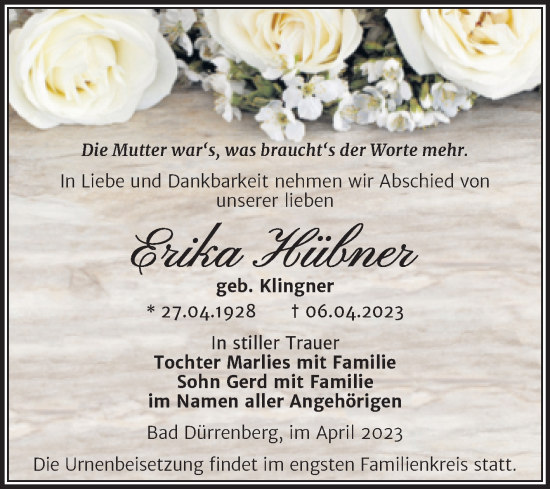 Traueranzeige von Erika Hübner von Trauerkombi Merseburg