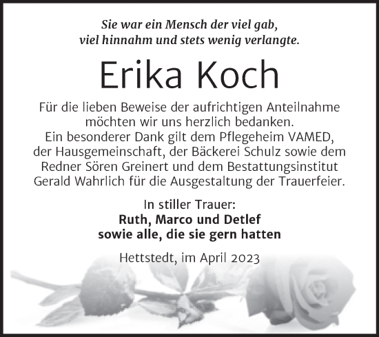 Traueranzeige von Erika Koch von Trauerkombi Mansfelder Land