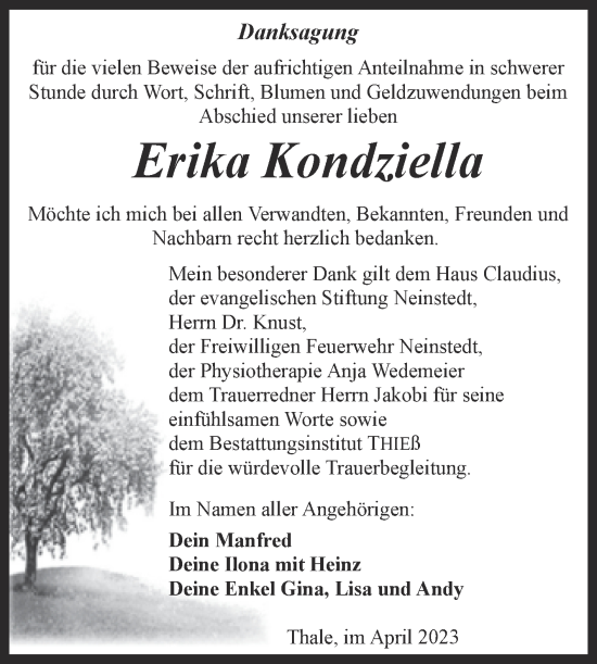 Traueranzeige von Erika Kondziella von Trauerkombi Quedlinburg