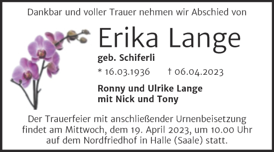 Traueranzeige von Erika Lange von Mitteldeutsche Zeitung Halle/Saalkreis