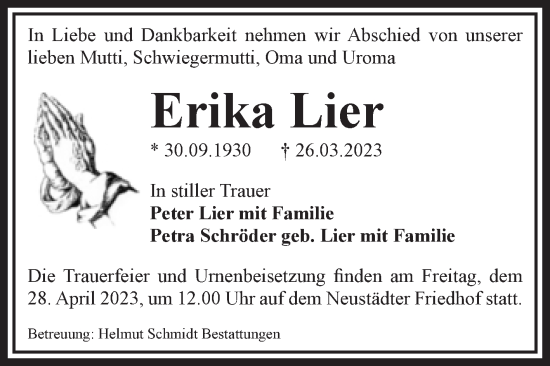 Traueranzeige von Erika Lier von Volksstimme Magdeburg