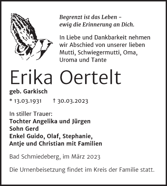 Traueranzeige von Erika Oertelt von Trauerkombi Wittenberg