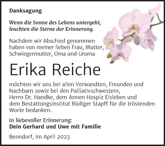 Traueranzeige von Erika Reiche von Trauerkombi Mansfelder Land