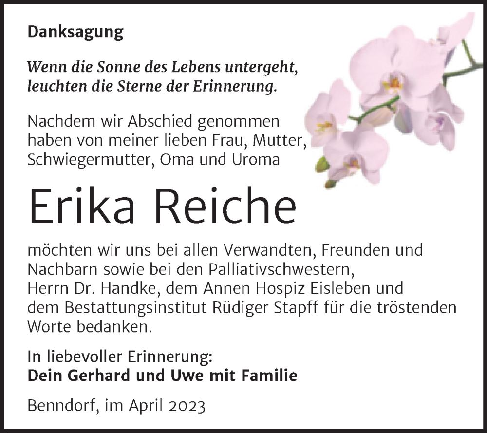  Traueranzeige für Erika Reiche vom 12.04.2023 aus Trauerkombi Mansfelder Land