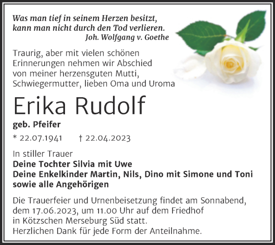Traueranzeige von Erika Rudolf von Trauerkombi Merseburg