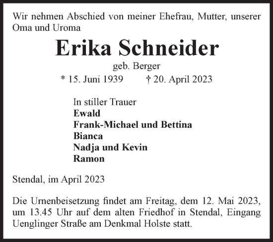 Traueranzeige von Erika Schneider von Volksstimme Altmark Ost