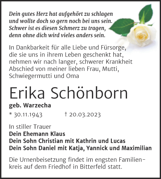 Traueranzeige von Erika Schönborn von Trauerkombi Bitterfeld